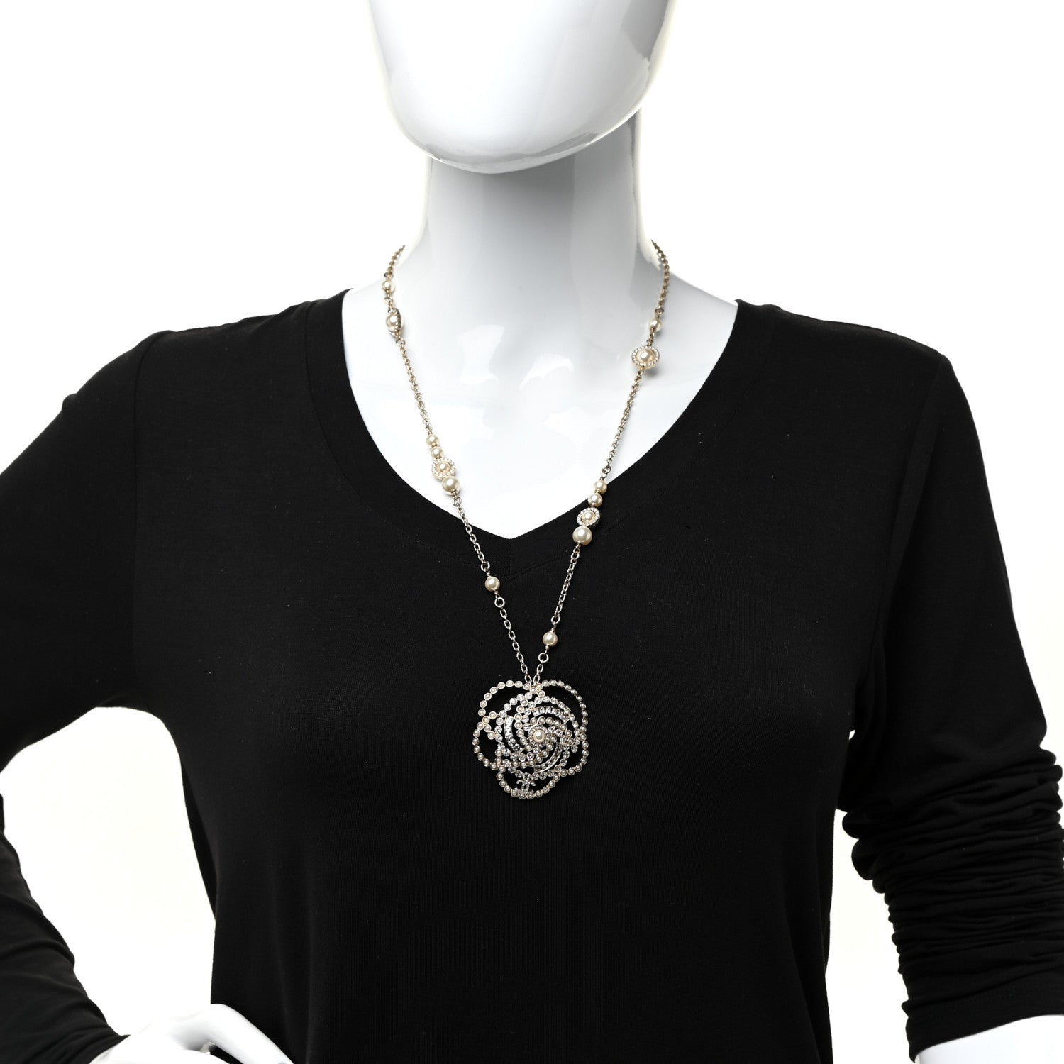 Chanel Pearl Crystal Lace Camellia Necklace Gold 2 of 6