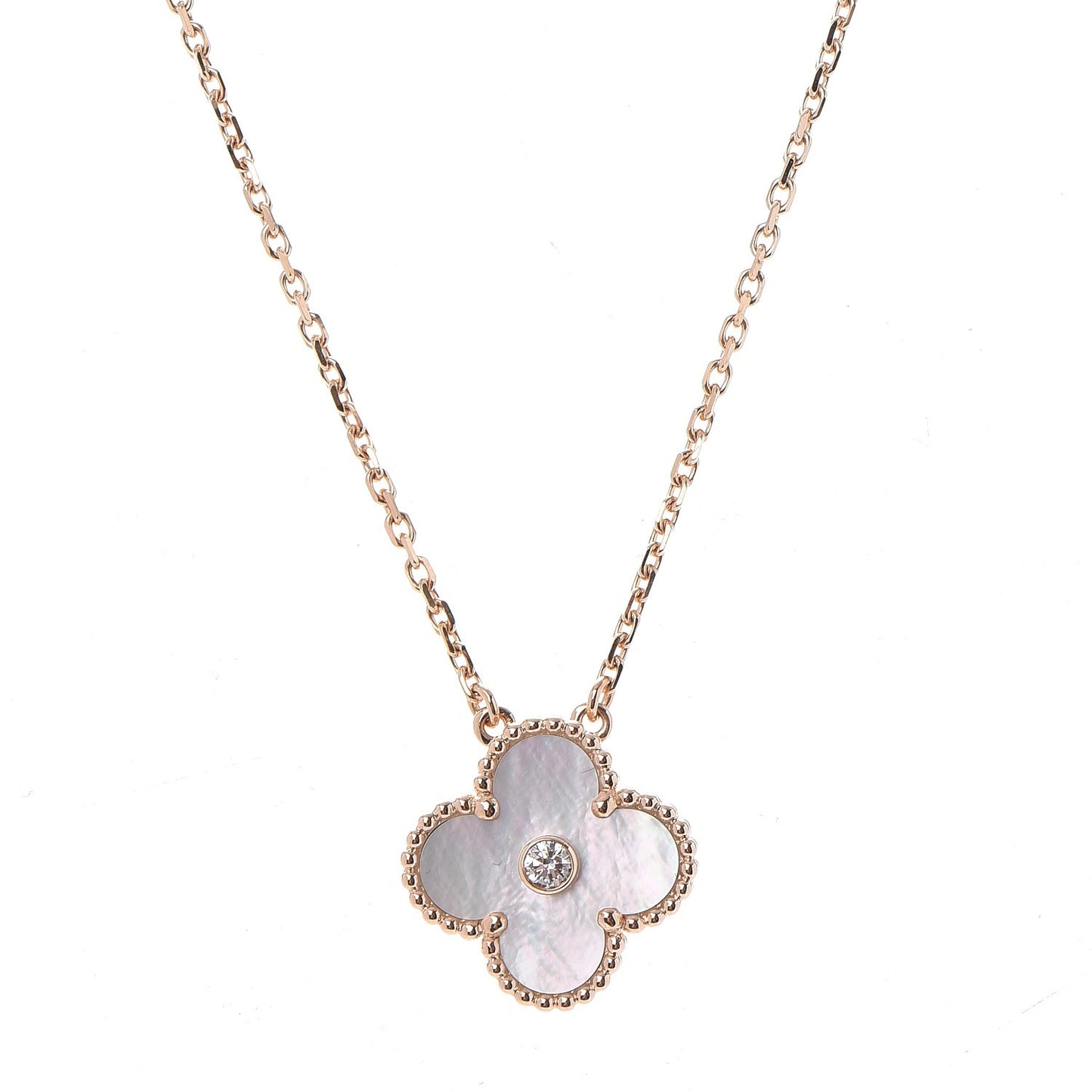 18K Rose Gold Diamond Mother of Pearl Vintage Alhambra Pendant Necklace