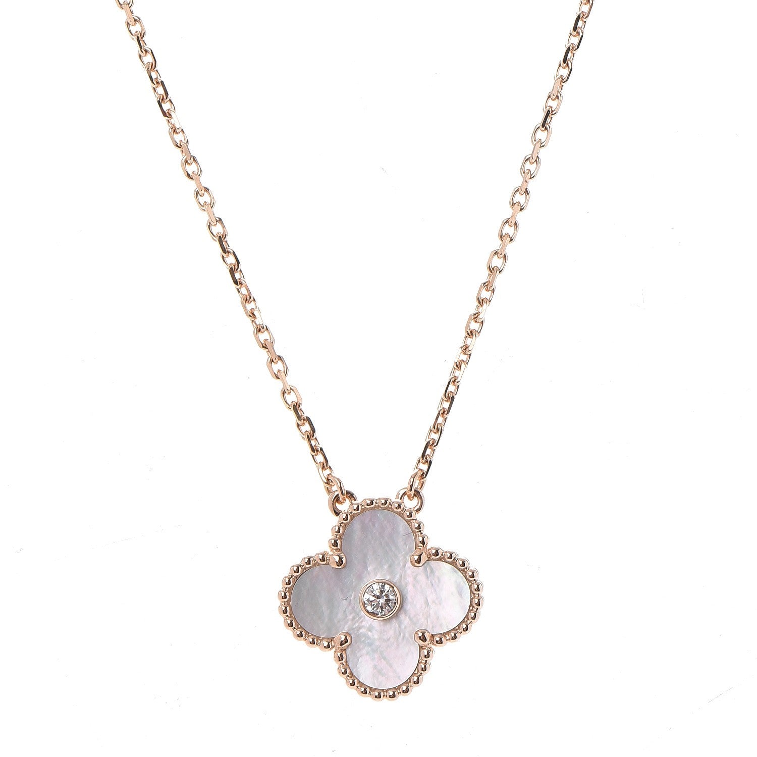 Van Cleef & Arpels 18K Rose Gold Diamond Mother of Pearl Vintage Alhambra Pendant Necklace 3 of 8