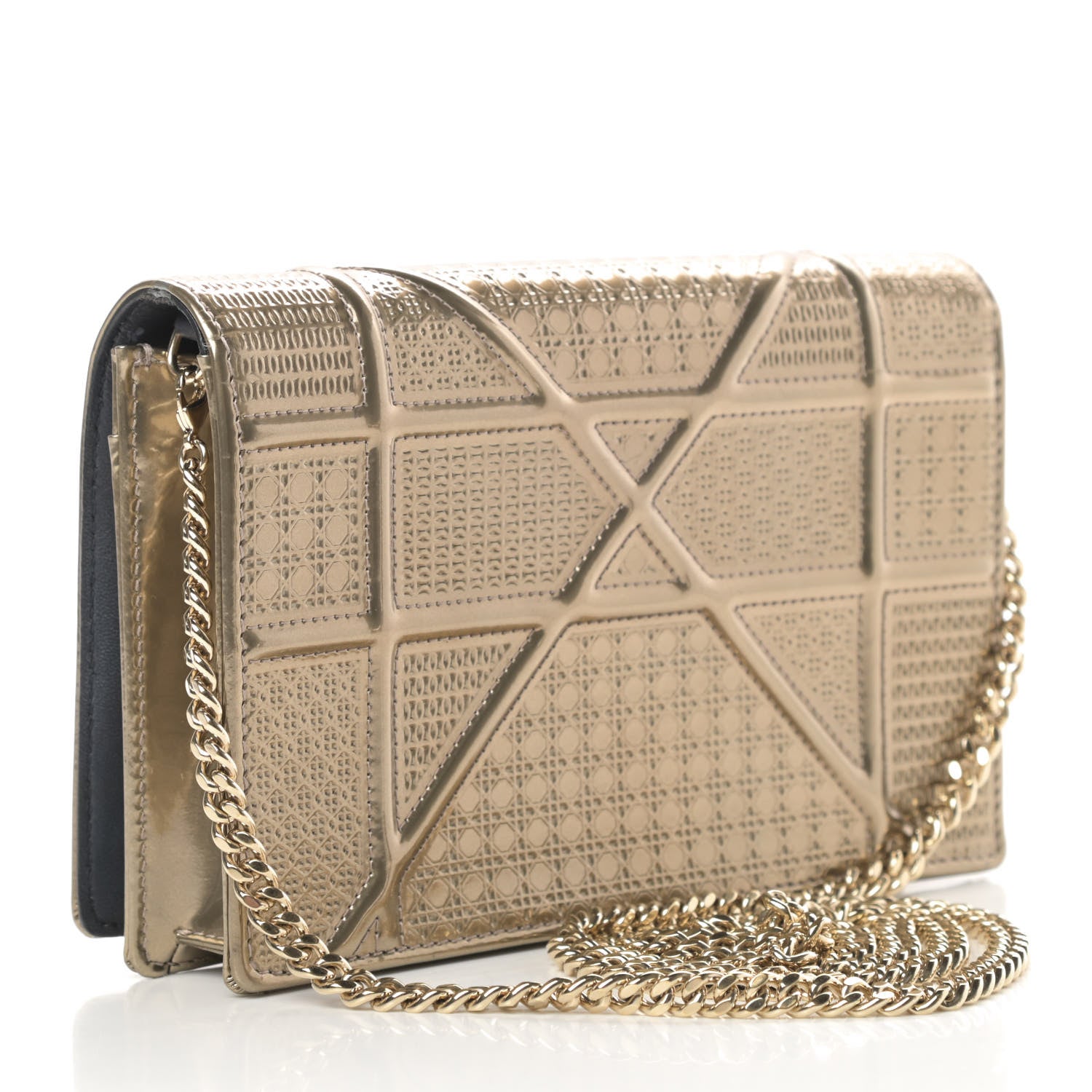 Christian Dior Metallic Patent Micro-Cannage Diorama Wallet on Chain Pouch Gold 3 of 12