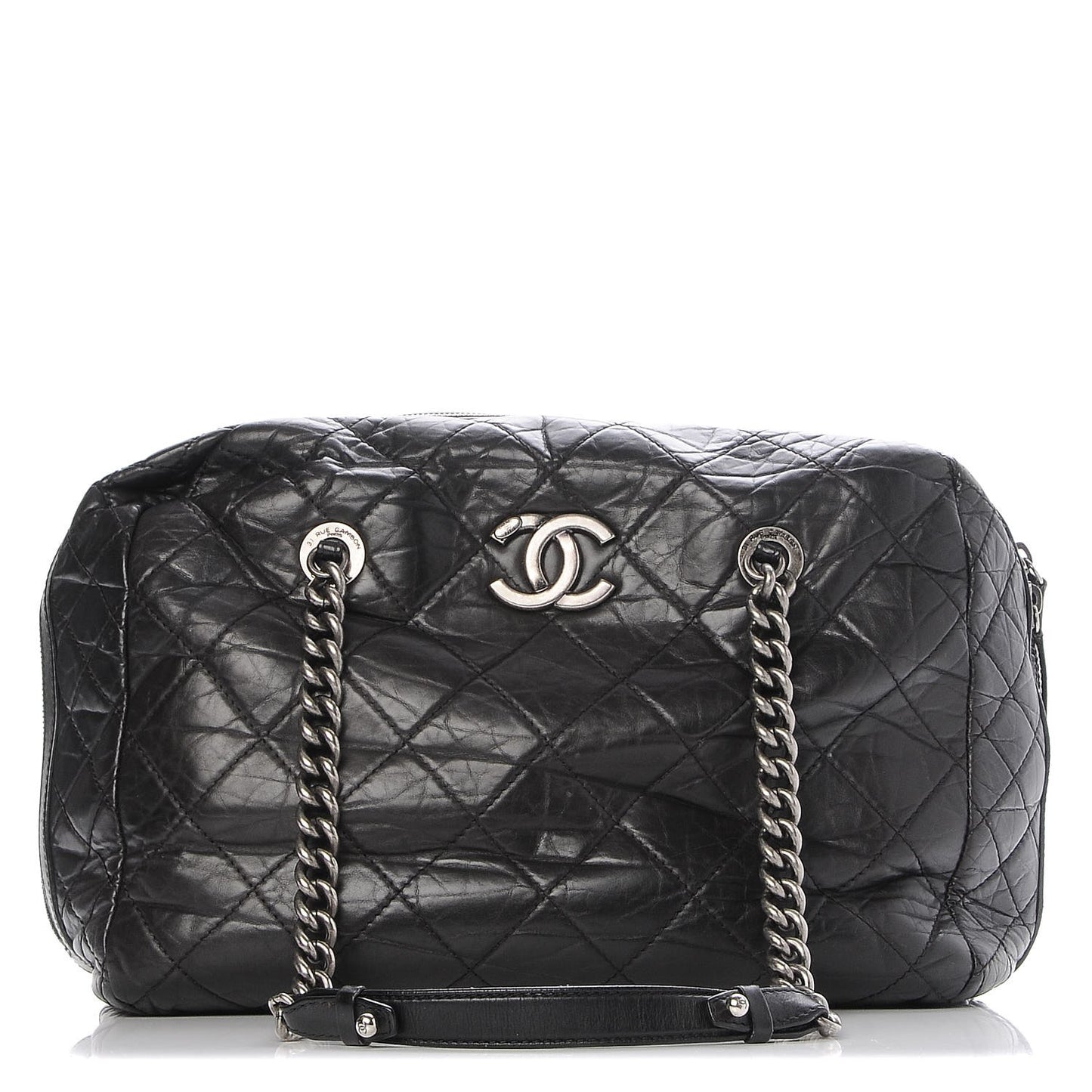 Aged Calfskin Quilted Large Secret Tag Bowling Bag Black