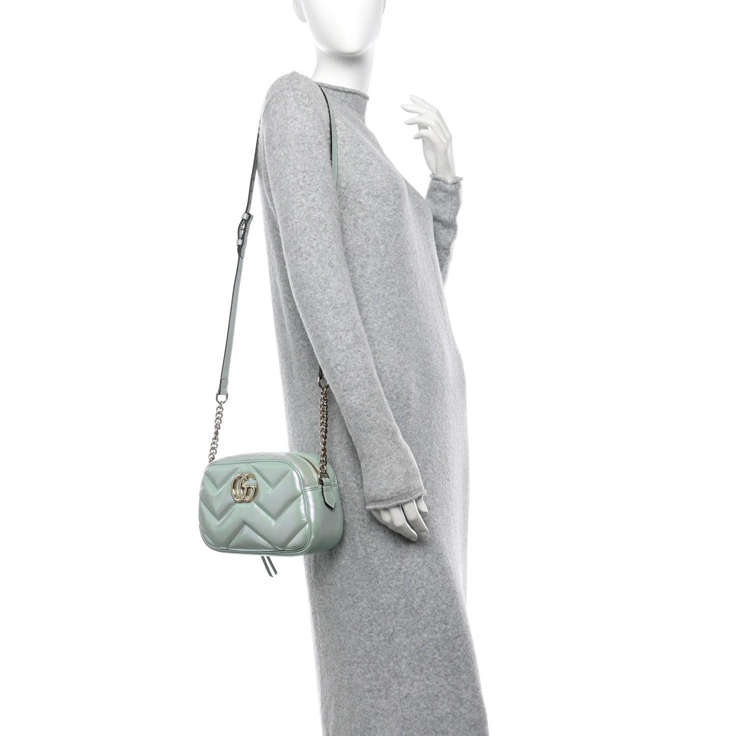 Gucci Iridescent Nappa Chevron Matelasse Small GG Marmont Chain Shoulder Bag Iridescent Salvy Green 2 of 10
