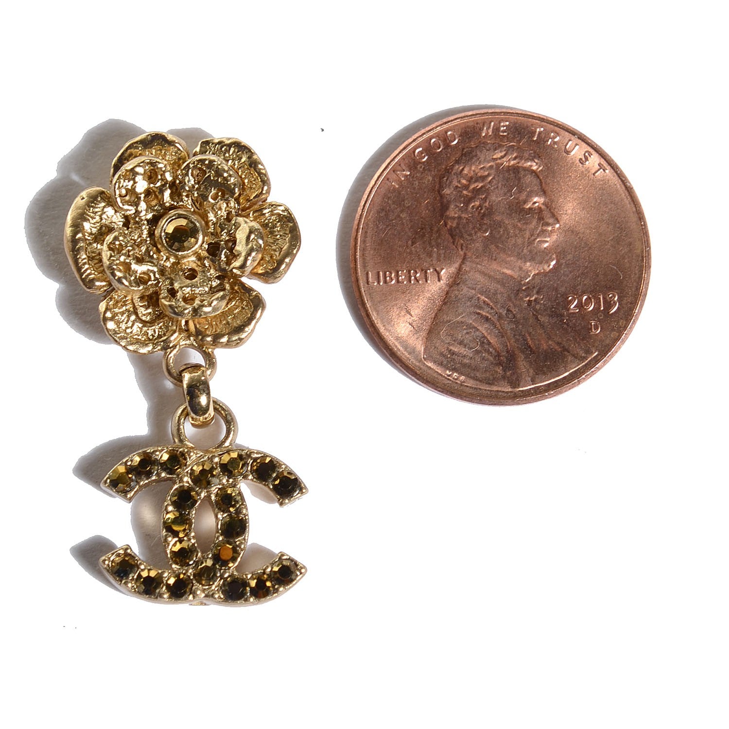 Chanel Crystal CC Camellia Drop Earrings Gold 2 of 4