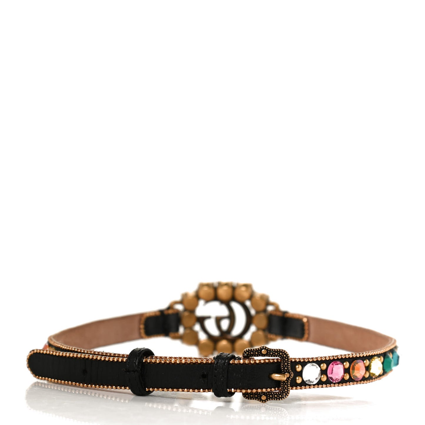 Calfskin Crystal Embellished Double G Choker Necklace Multicolor