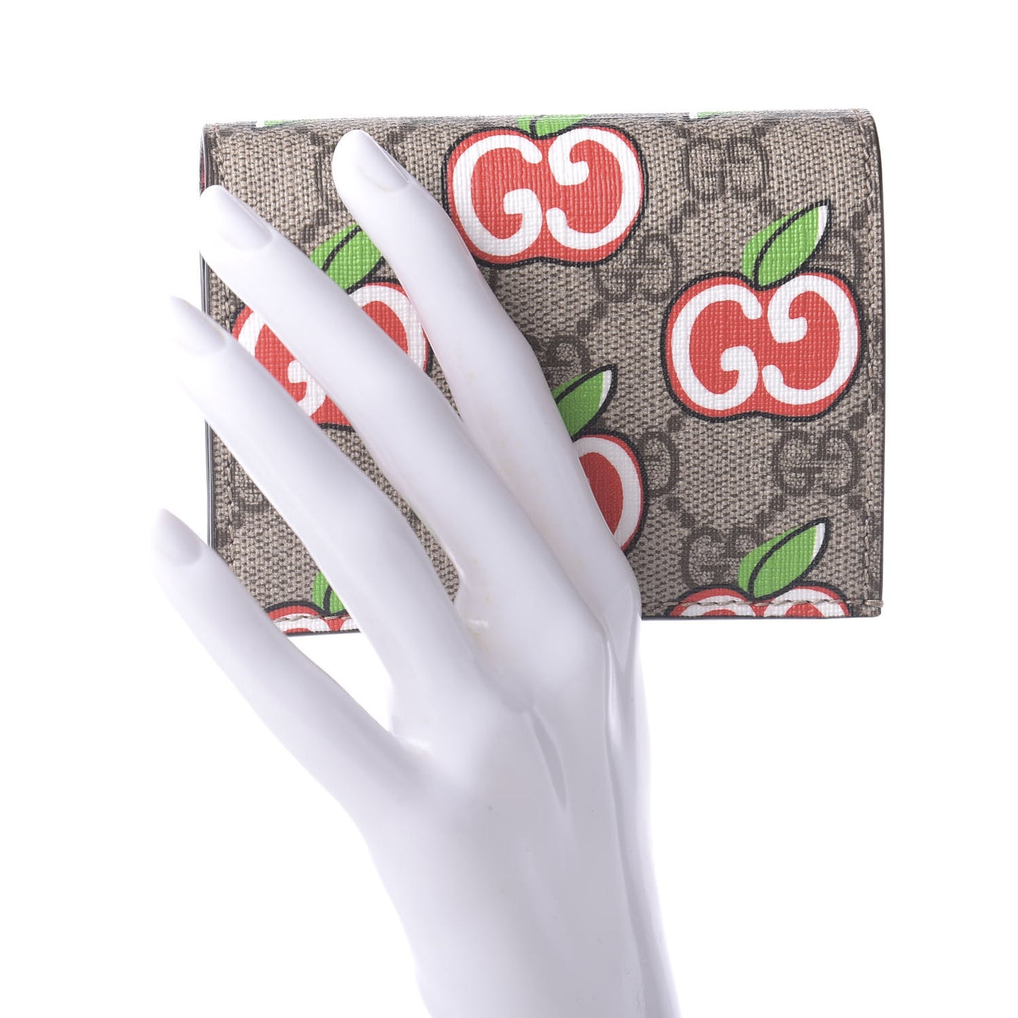 GG Supreme Monogram Apple Card Case Wallet Beige Multicolor Lobster Red