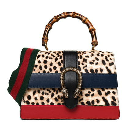 Gucci Calf Hair Calfskin Bamboo Web Leopard Print Medium Dionysus Top Handle Bag Natural Blue Agata Hibiscus Red 1 of 11