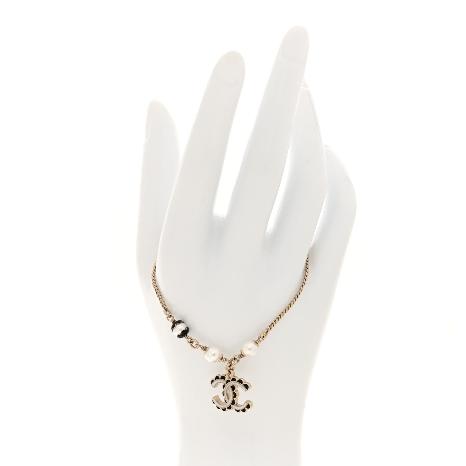 Chanel Metal Enamel Pearl CC Bracelet Gold Black White 2 of 5