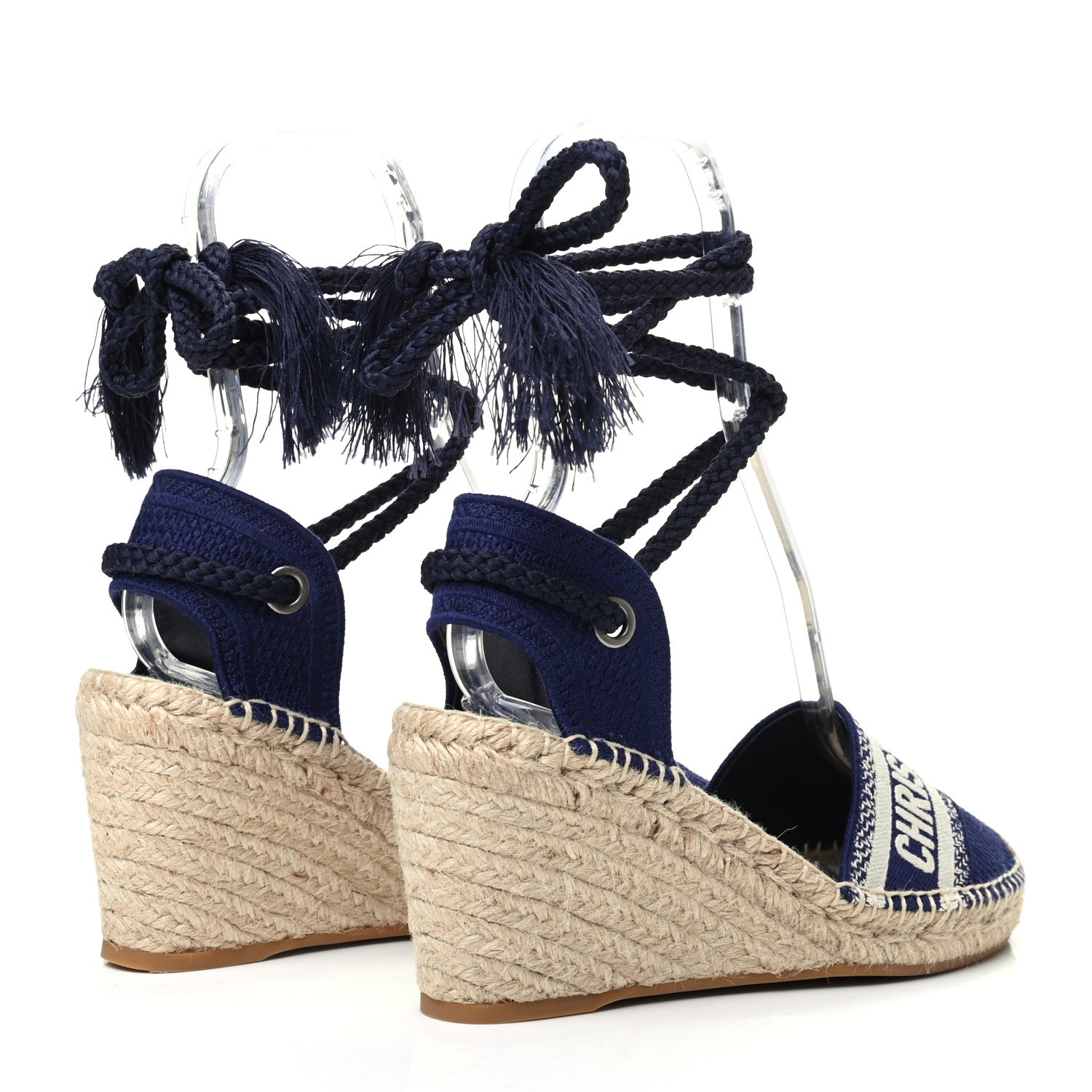 Christian Dior Canvas Embroidered Granville Ankle Tie Espadrille Wedges 39 Indigo Blue 4 of 8