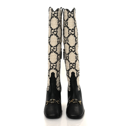 Gucci Tweed GG Monogram Wrinkled Kid Zumi Knee Boots 40 Natural Black 3 of 7