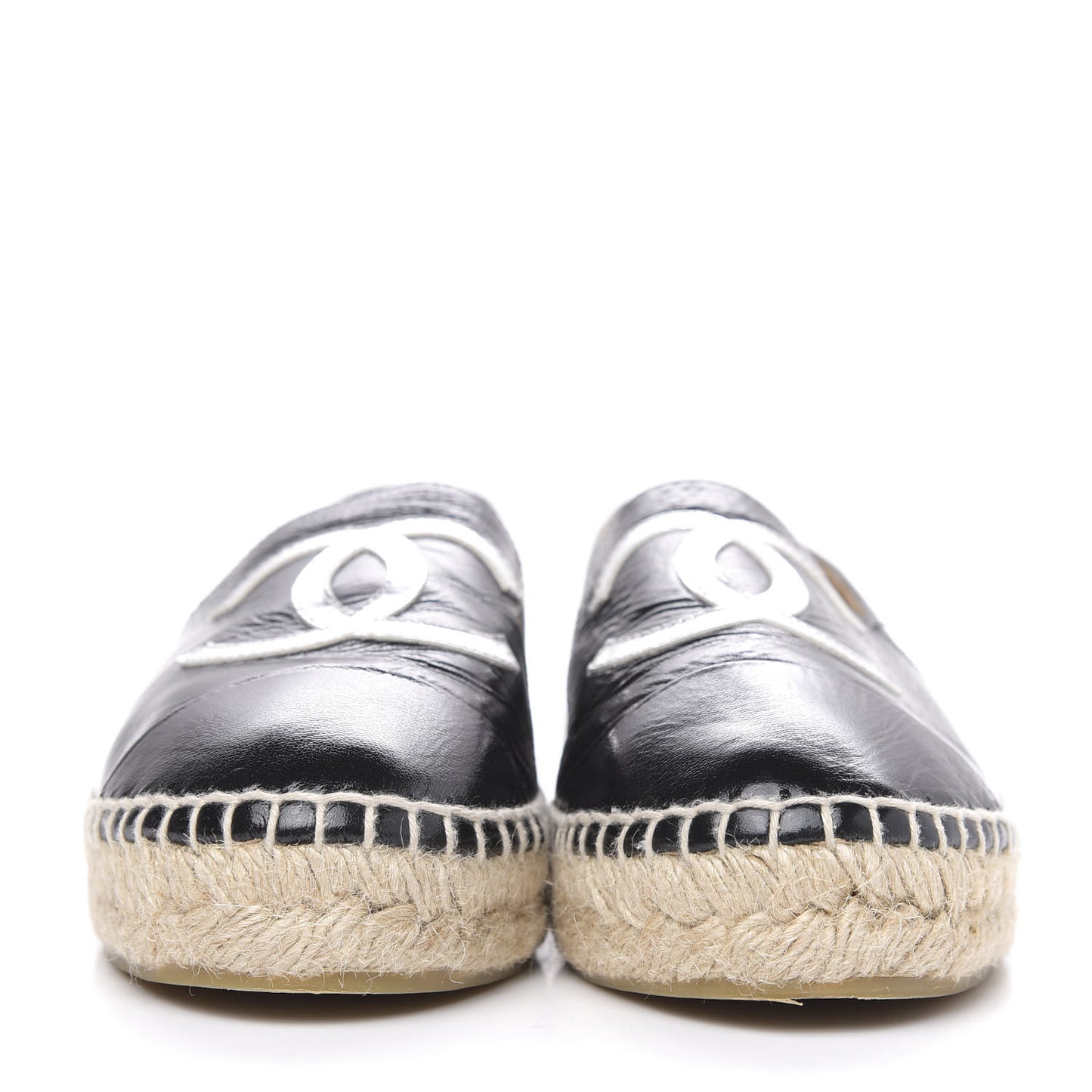 Patent Calfskin Metallic Goatskin CC Espadrilles 37 Black Silver