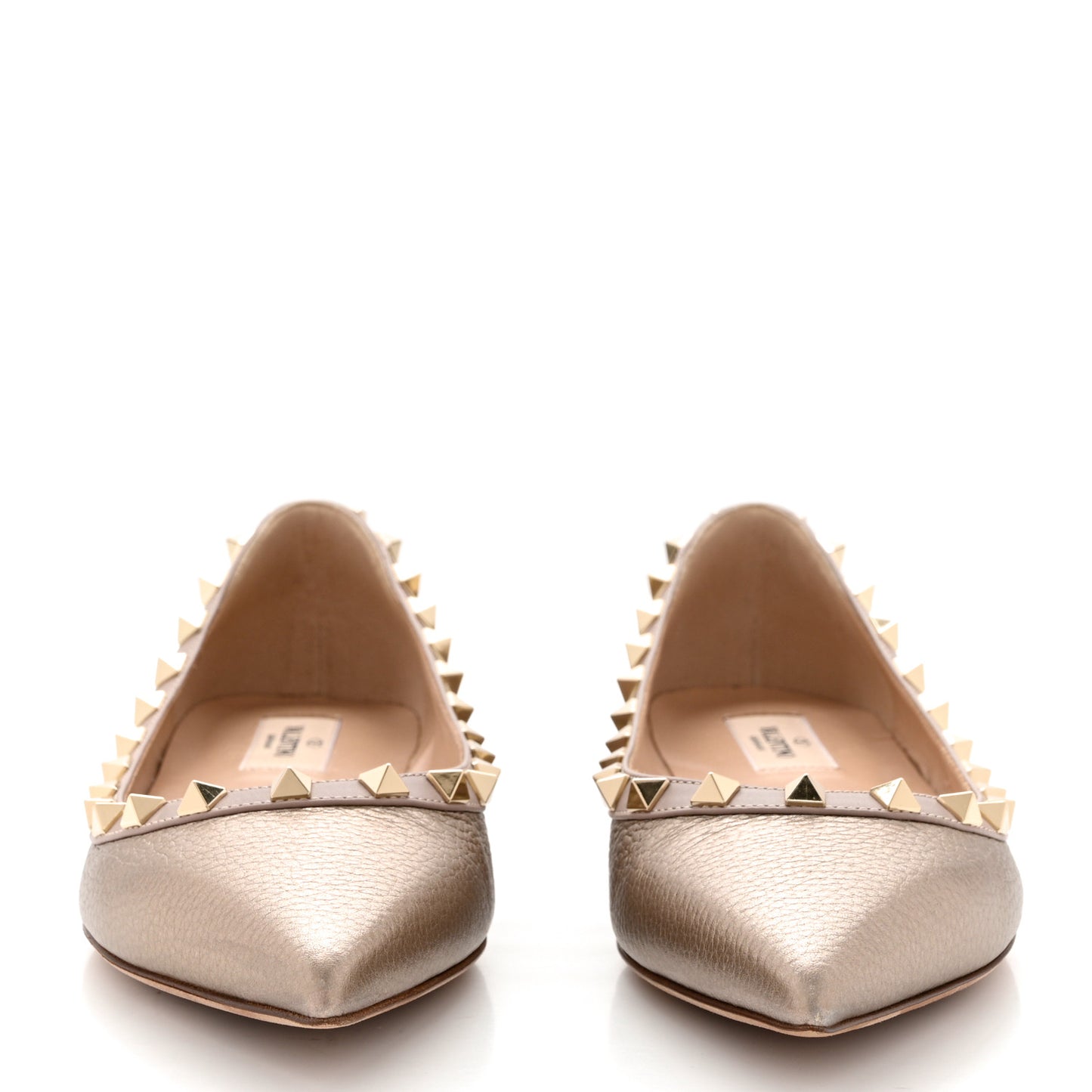 Metallic Pebbled Calfskin Rockstud Ballerina Flats 38 Sasso Poudre