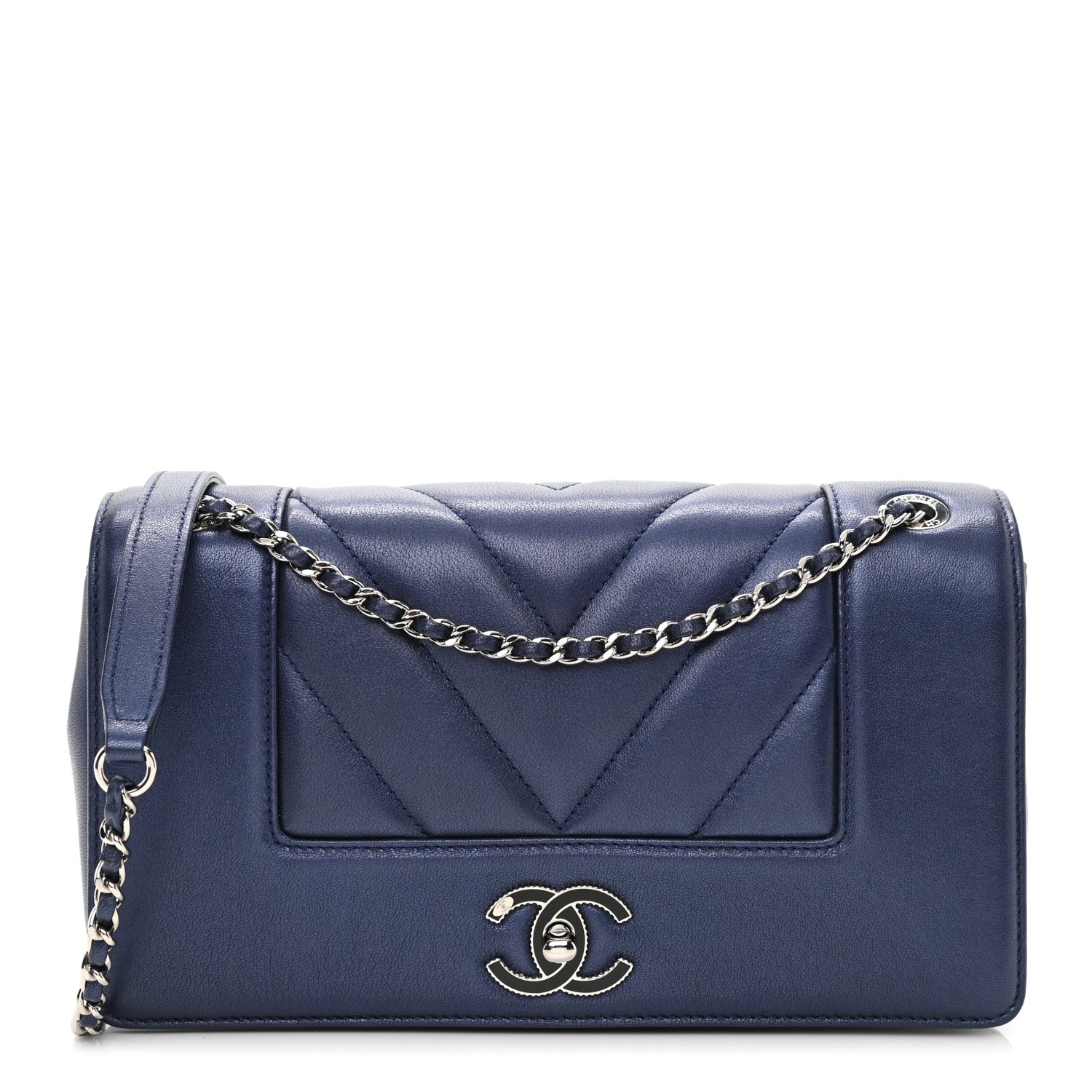 Chanel Metallic Sheepskin Chevron Quilted Medium Vintage Mademoiselle Flap Navy 1 of 11