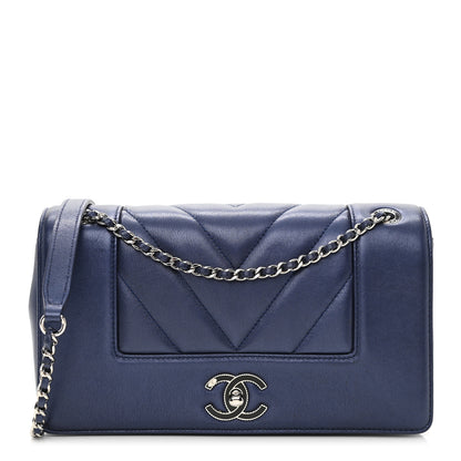 Chanel Metallic Sheepskin Chevron Quilted Medium Vintage Mademoiselle Flap Navy 1 of 11