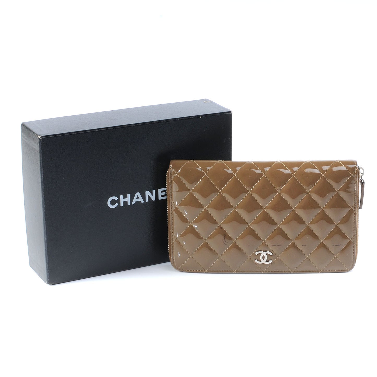 Patent Quilted Large Zip Around Wallet Taupe