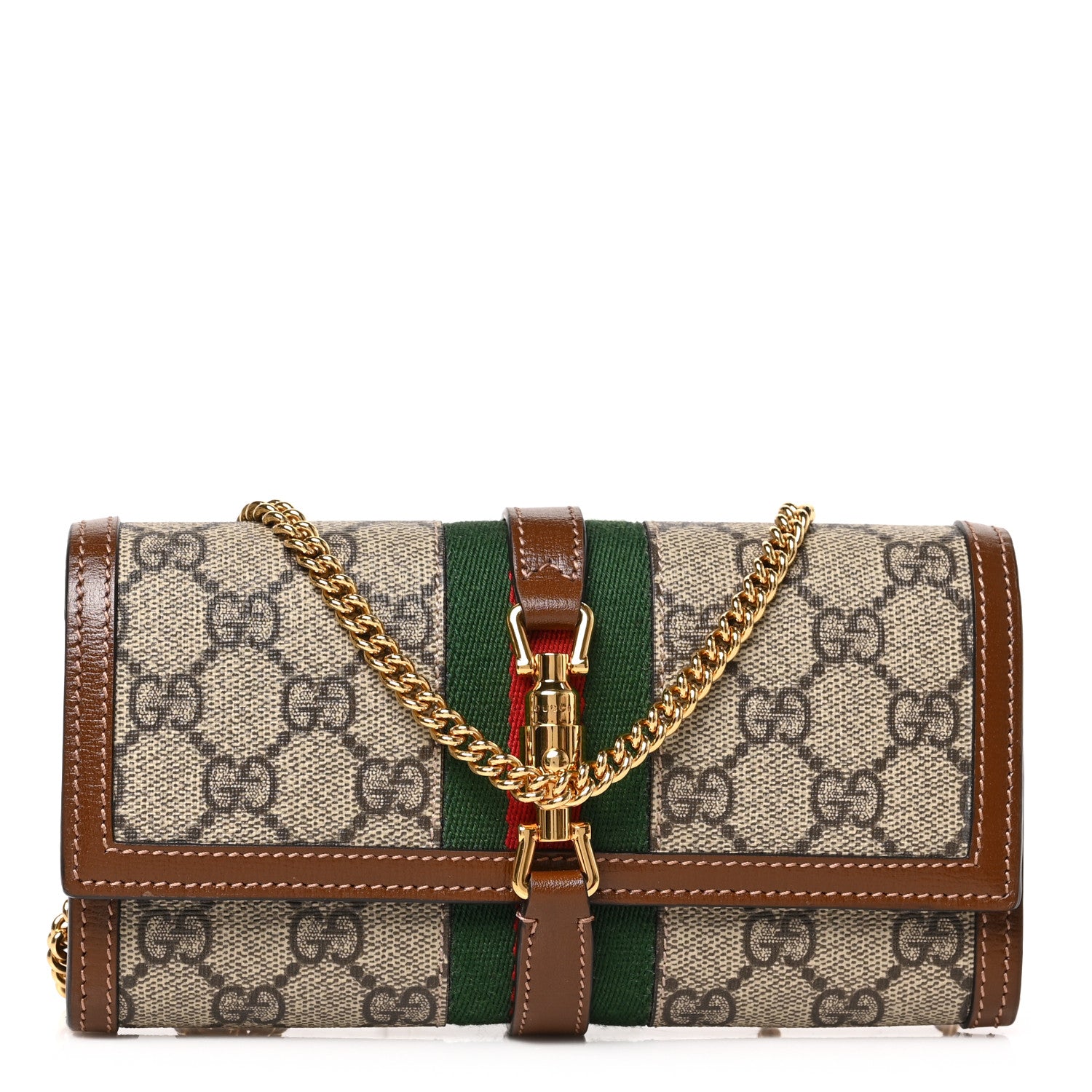 Gucci GG Supreme Monogram Azalea Calfskin Web Jackie 1961 Chain Wallet Beige Ebony Brown Sugar 1 of 8