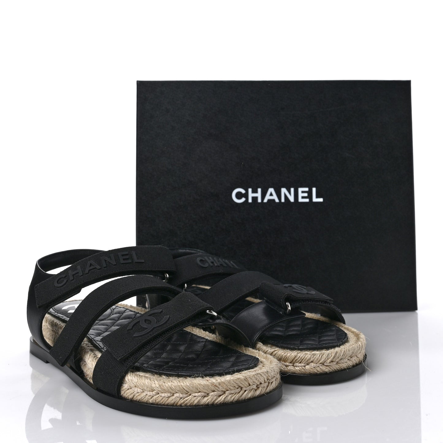 Stretch Fabric Lambskin CC Flat Sandals 40 Black