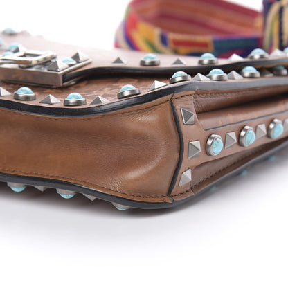 Valentino Garavani Calfskin Embossed Guitar Strap Rockstud Rolling Shoulder Flap Messenger Bag Tan 9 of 12