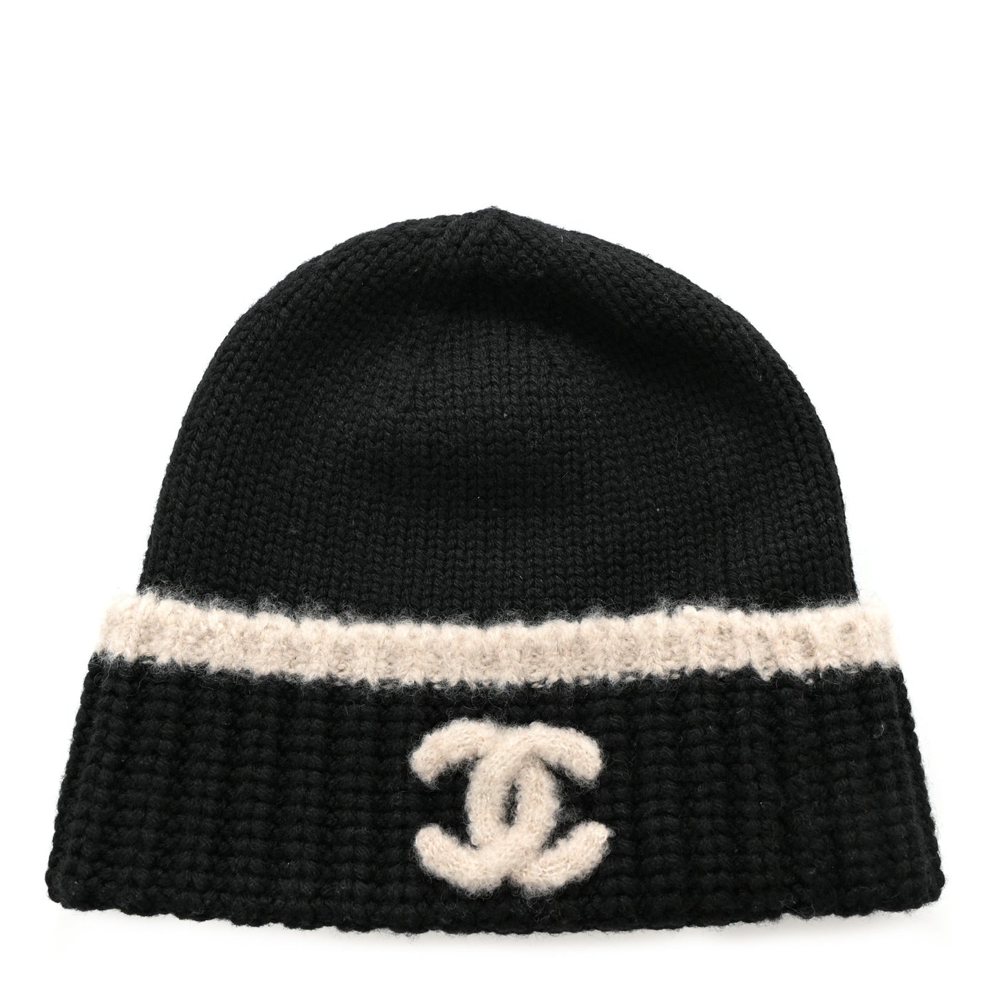 Cashmere Wool Silk CC Beanie Hat Black Light Beige