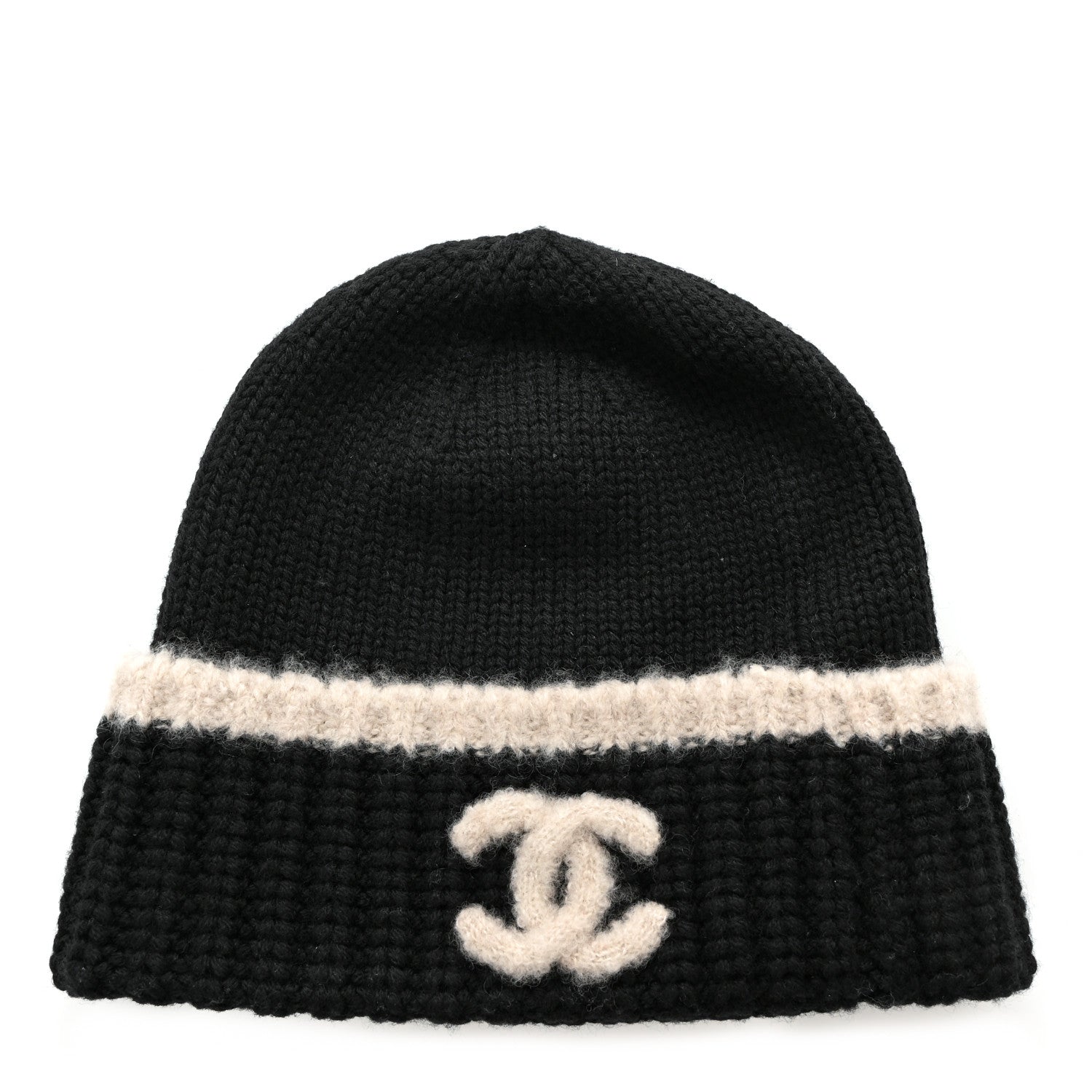 Chanel Cashmere Wool Silk CC Beanie Hat Black Light Beige 1 of 8