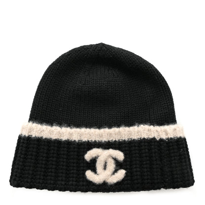 Chanel Cashmere Wool Silk CC Beanie Hat Black Light Beige 1 of 8