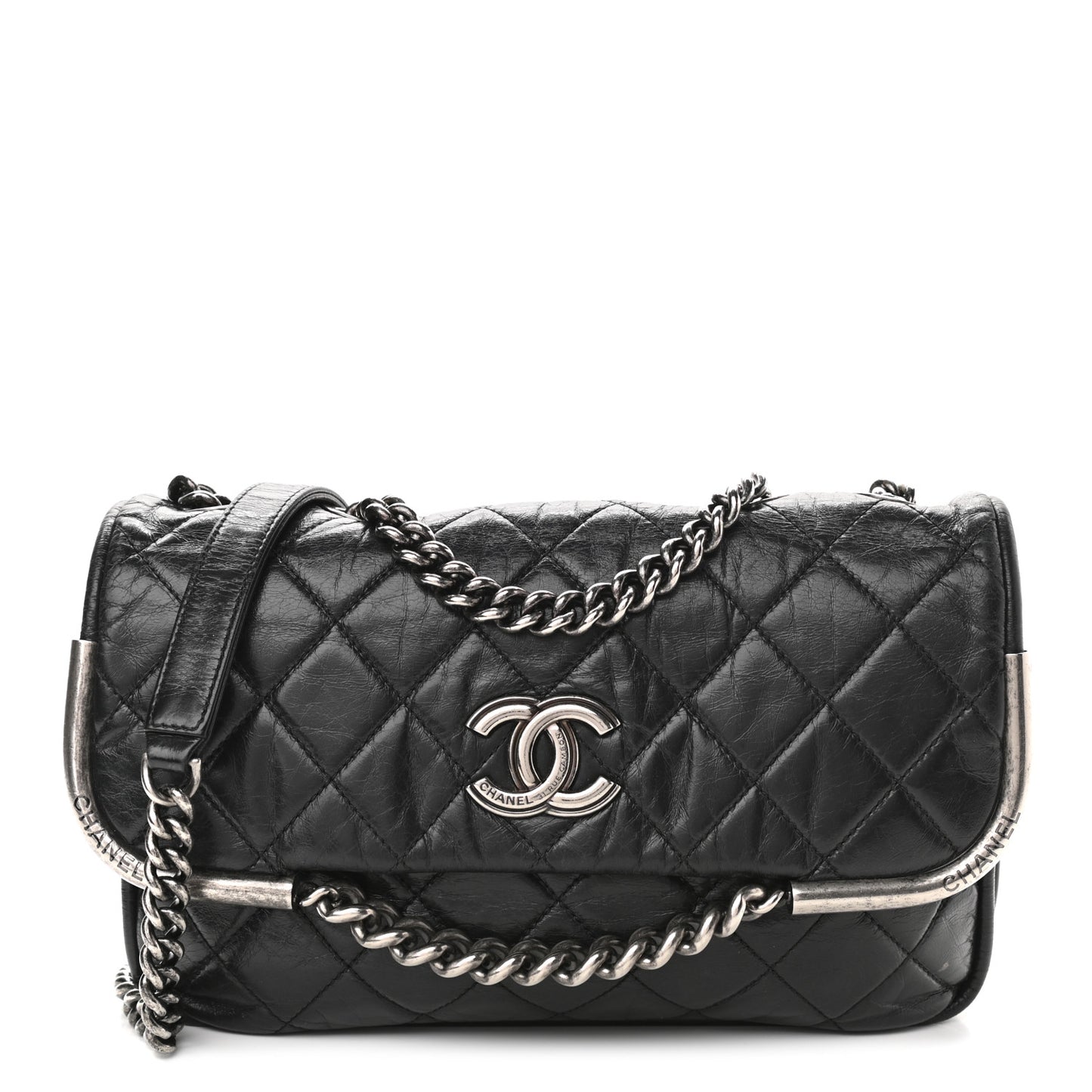 Glazed Calfskin Quilted Flap Black