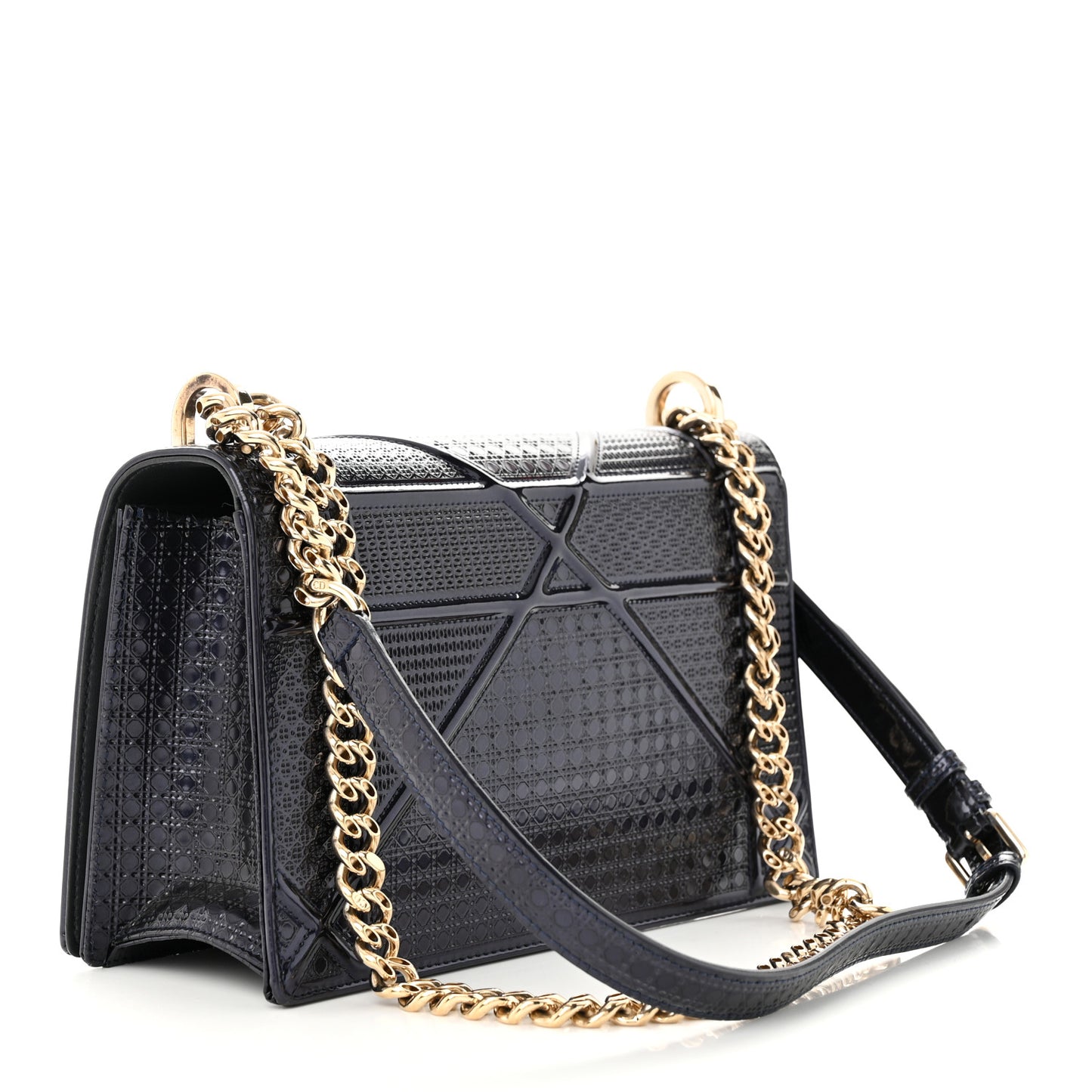 Metallic Patent Micro-Cannage Medium Diorama Flap Bag Navy Blue