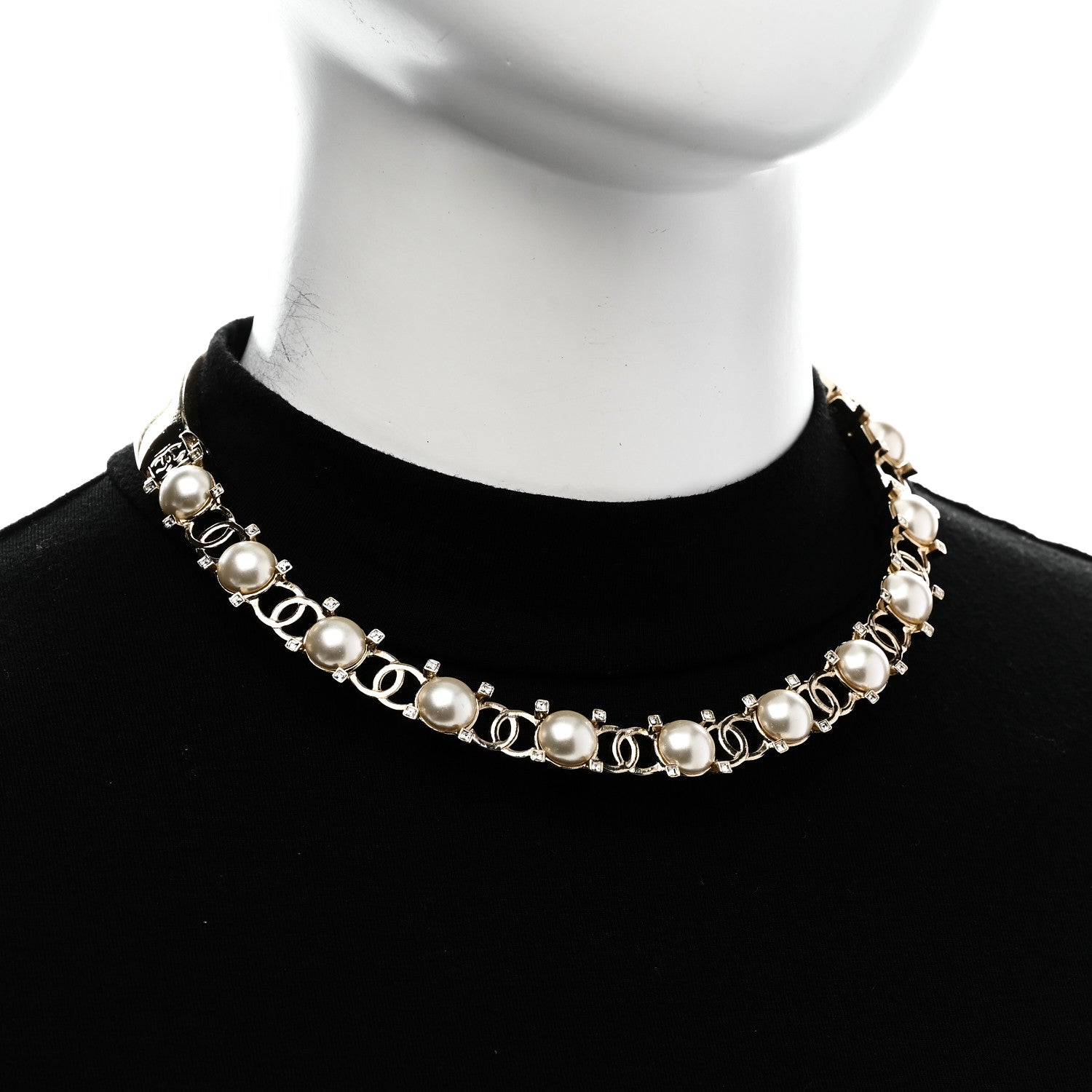 Chanel Strass Crystal Studded Pearl CC Choker Necklace Gold Pearly White 2 of 5