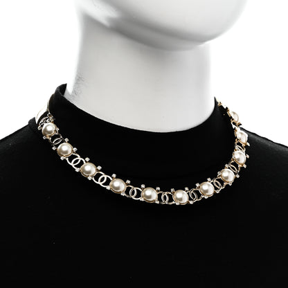Chanel Strass Crystal Studded Pearl CC Choker Necklace Gold Pearly White 2 of 5