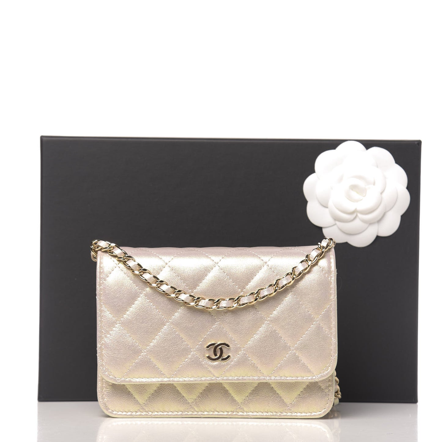 Iridescent Lambskin Quilted Mini Wallet On Chain WOC Ivory