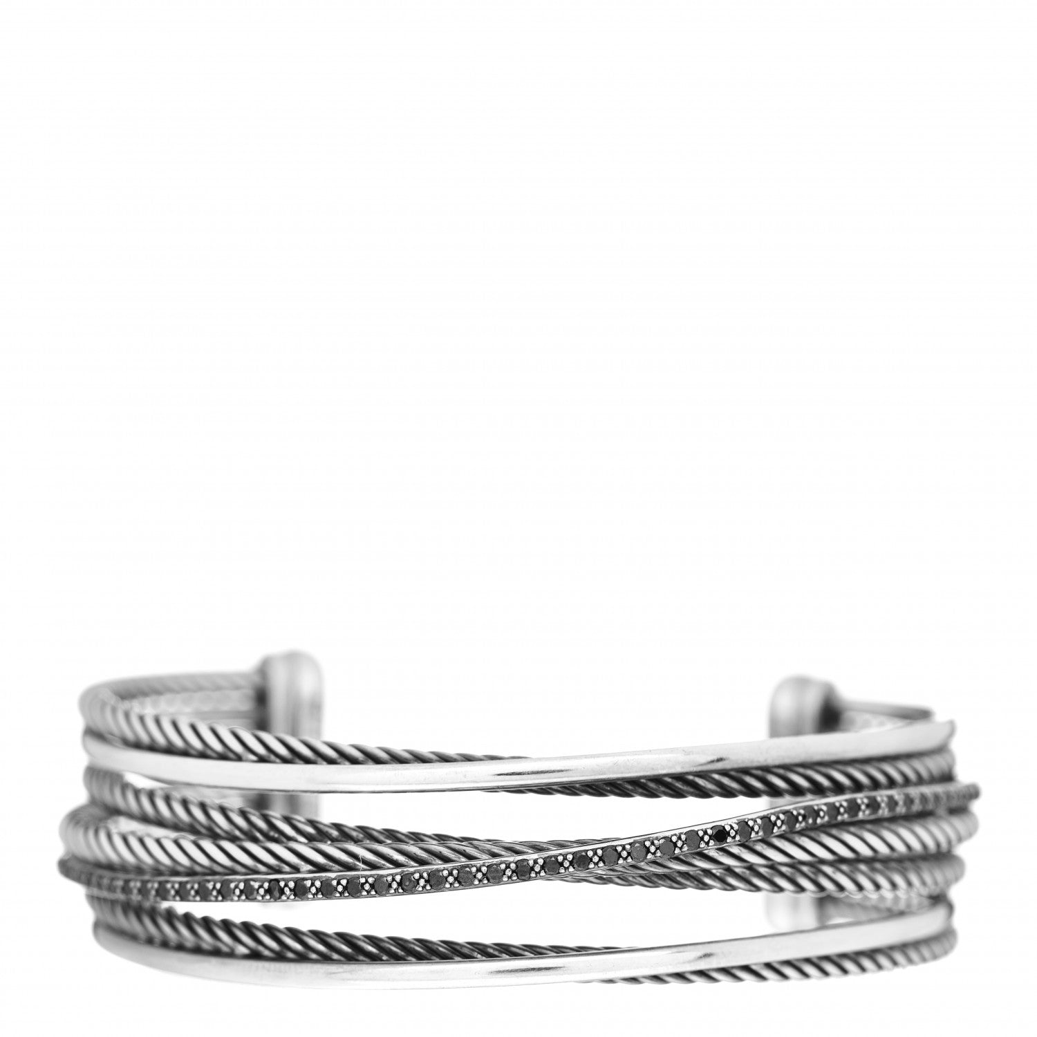 David Yurman Sterling Silver 14K White Gold Black Diamond Crossover Four Row Cuff Bracelet 1 of 4