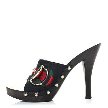 Gucci Monogram Natural Pigskin Web Icon Bit Platform Clog High Heel Slide Sandals 9 Black 1 of 4