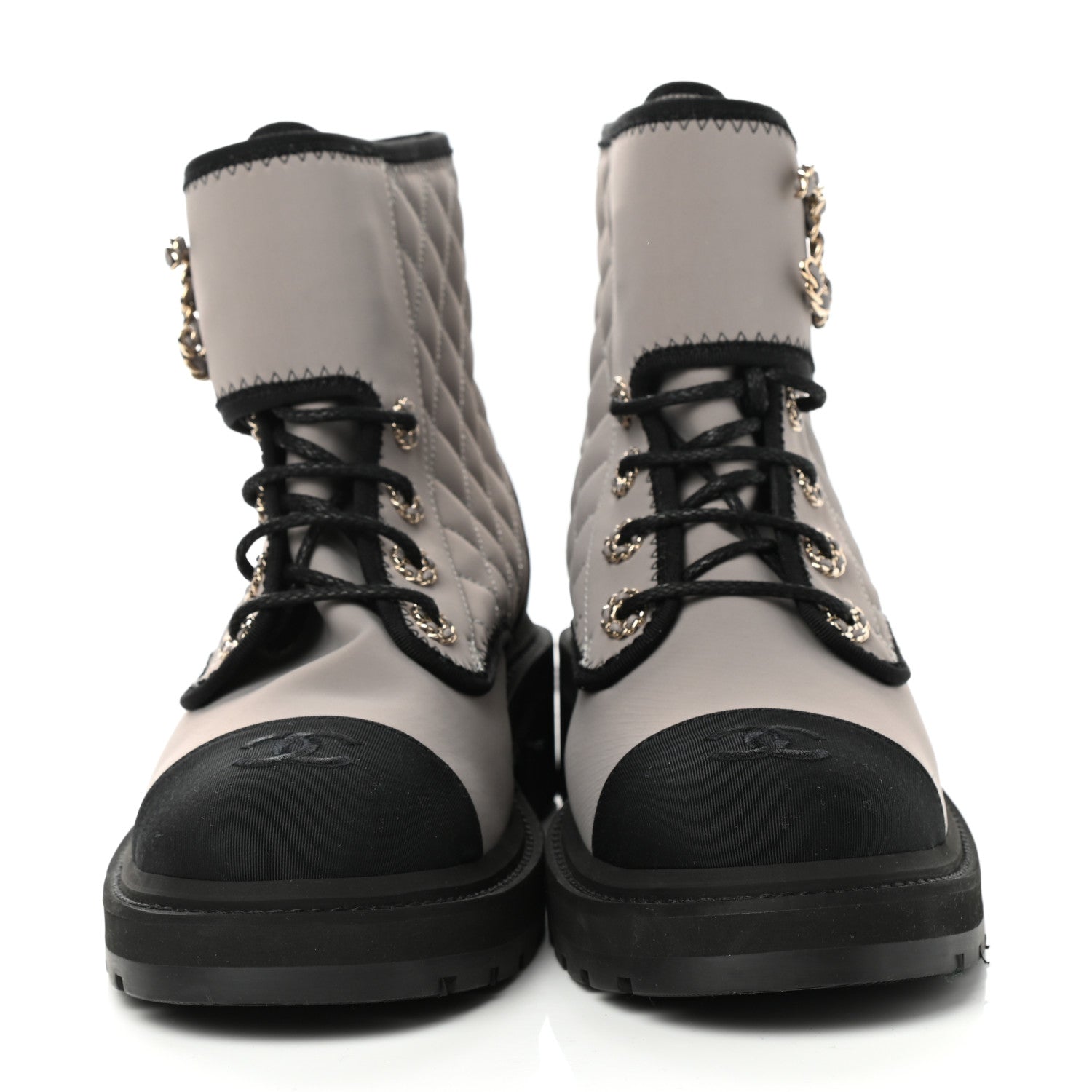 Chanel Fabric Grosgrain Lambskin Quilted Lace Up Combat Boot 40.5 Gray 2 of 8