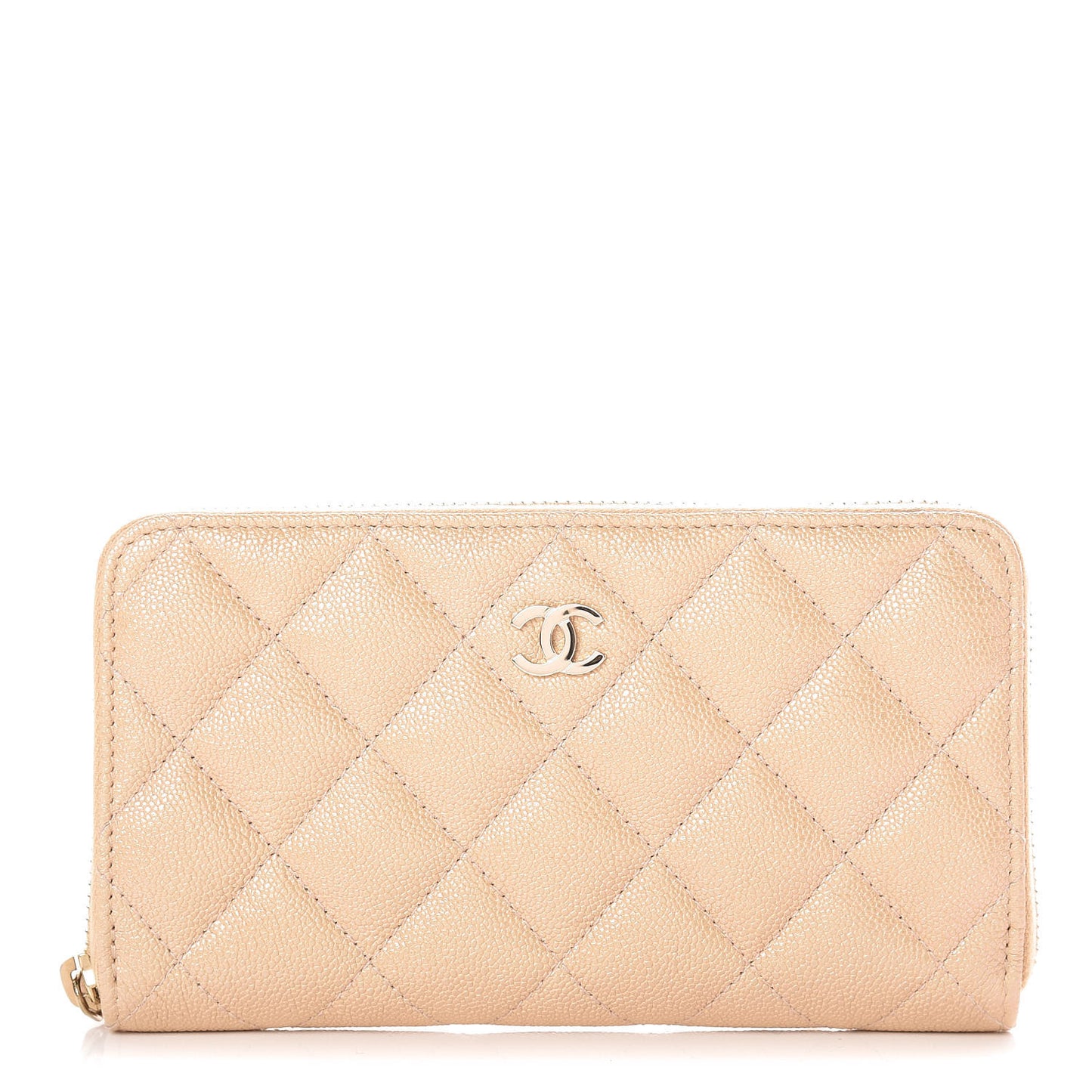 Iridescent Caviar Quilted Medium Zip Around Wallet Beige