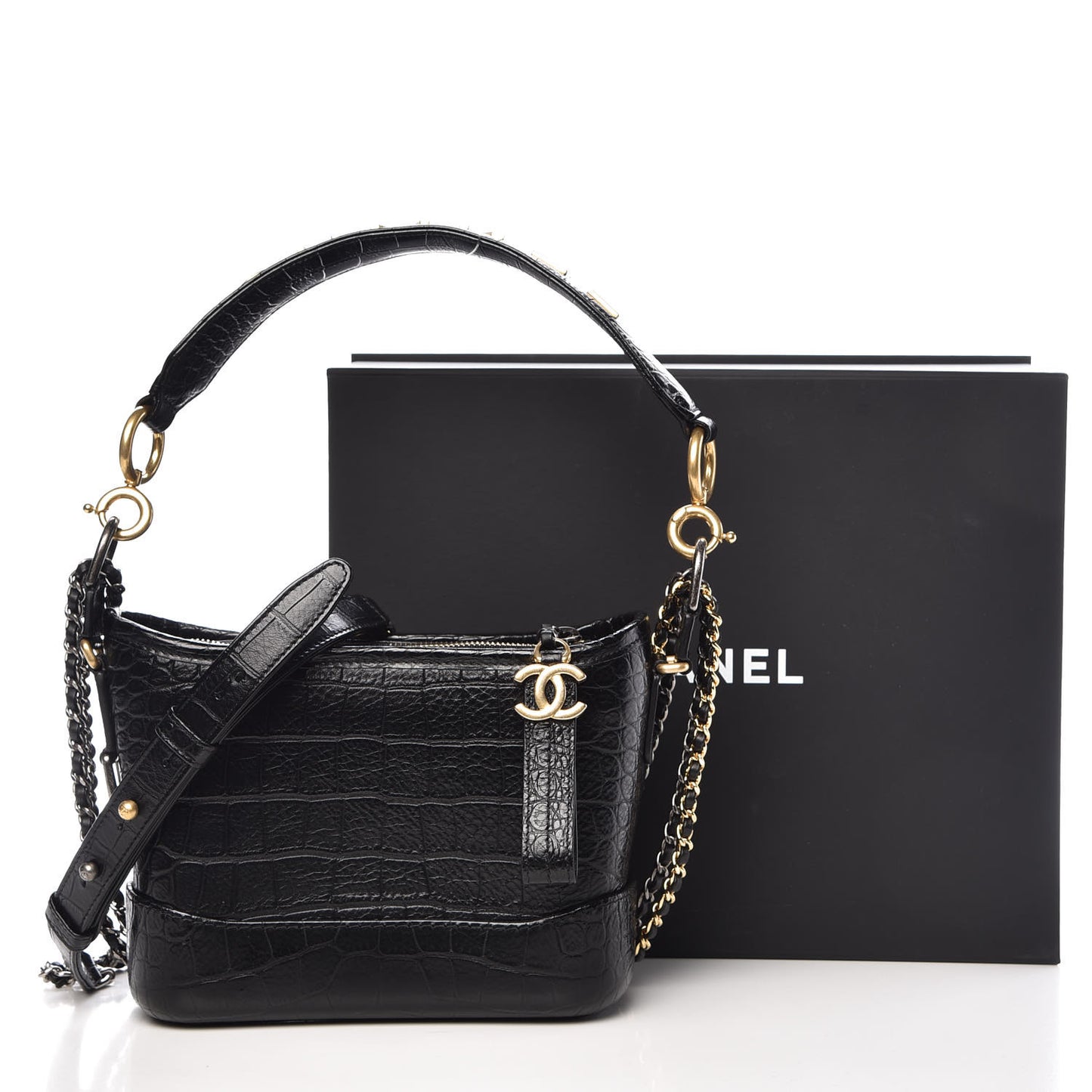 Calfskin Crocodile Embossed Small Gabrielle Cocodile Hobo Black