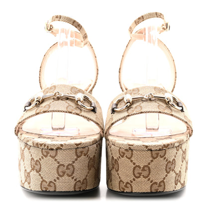Gucci Monogram Nappa Chalotte Horsebit Ankle Strap 75mm Flatform Sandals 39.5 Beige Ebony 3 of 9