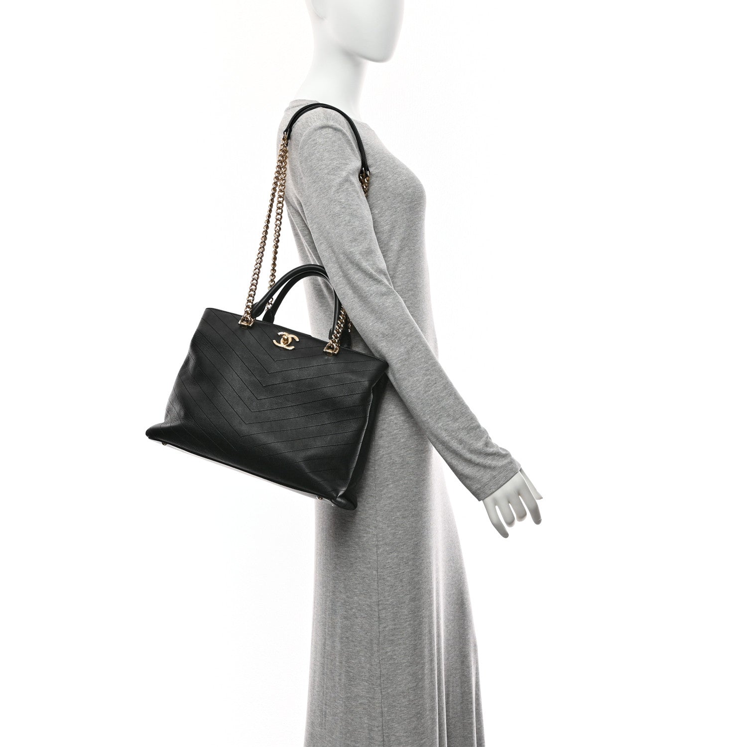 Chanel Calfskin Chevron Quilted Large Shopping Tote Black 2 of 10