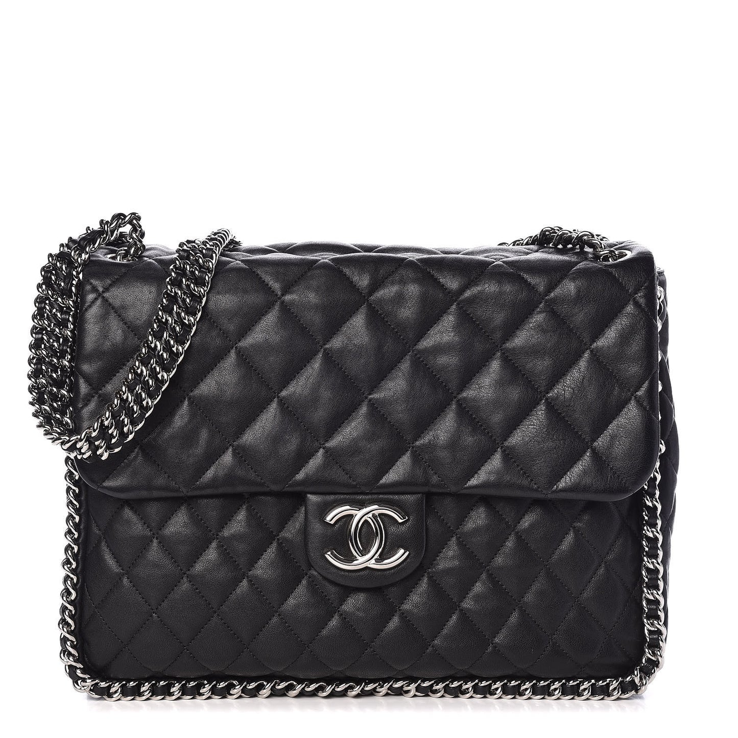 Washed Lambskin Quilted Maxi Chain Around Flap Black
