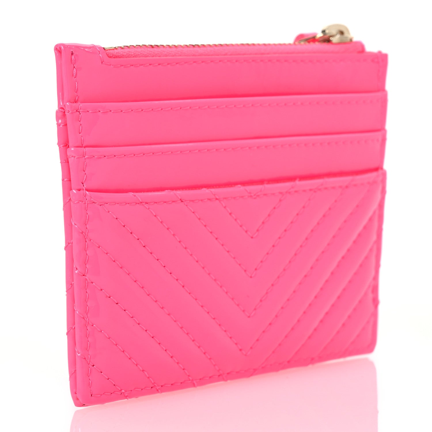 Chanel Patent Chevron Quilted Boy Zip Card Holder Neon Pink 3 of 11