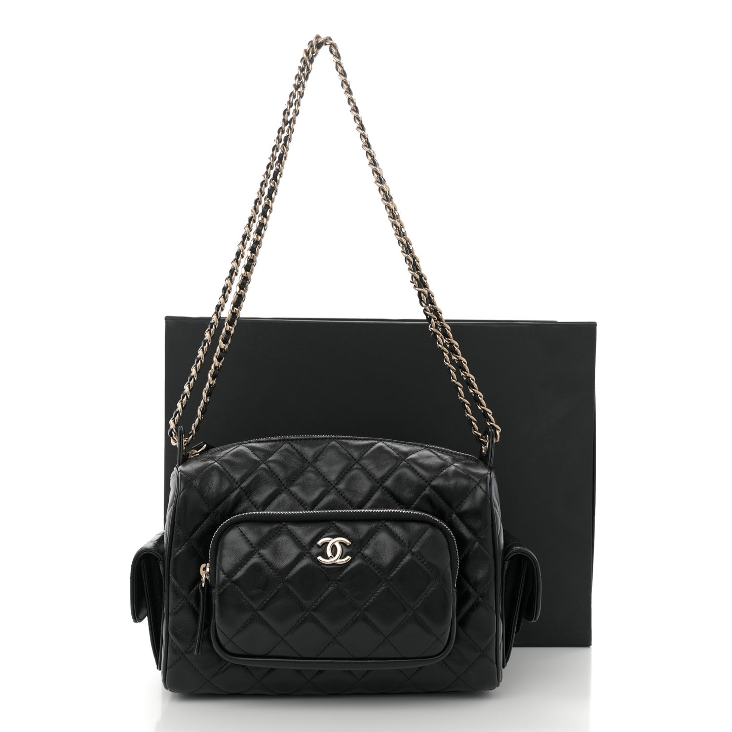 Shiny Crumpled Lambskin Quilted Medium Preppy Pocket Camera Case Black