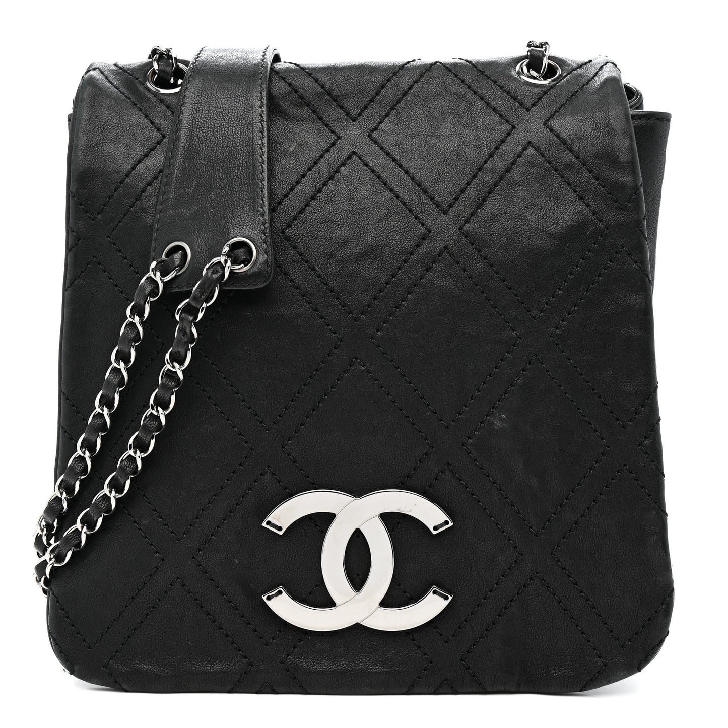 Calfskin Diamond Stitch Large Messenger Black