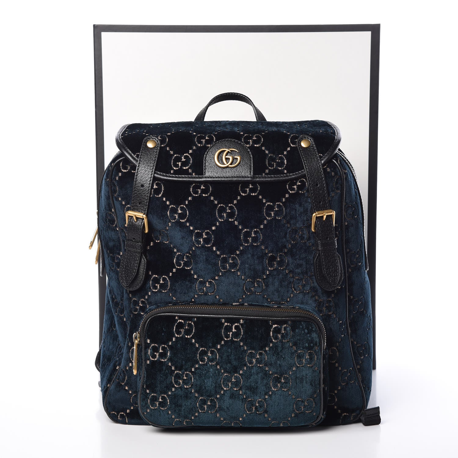 Gucci Velvet GG Monogram Textured Calfskin Web Small Double Buckle Backpack Blue Beige Black 10 of 22