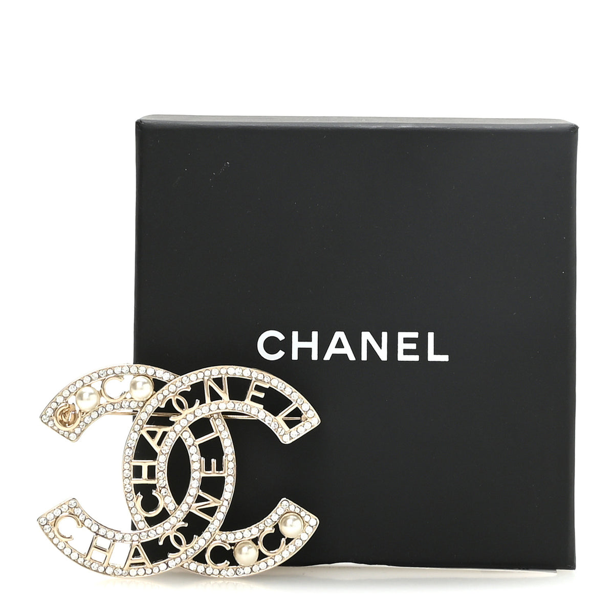 Chanel Crystal Pearl Coco CC Logo Brooch Gold 4 of 4
