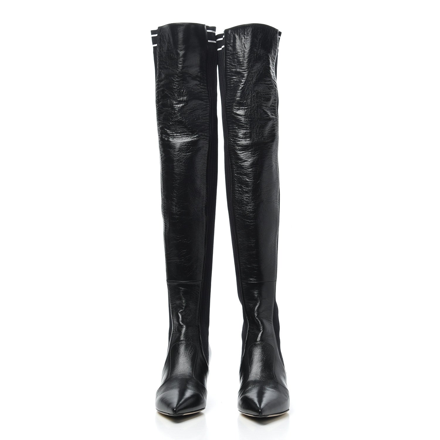 Fendi Vitello Lucido Stretch Fabric Logo Rockoko Thigh High Sock Boots 37 Black White 2 of 10