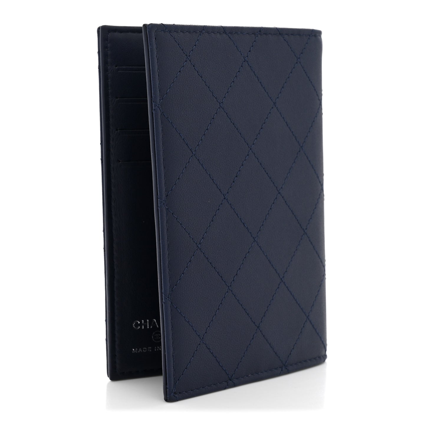Grained Calfskin Quilted Passport Holder Wallet Navy