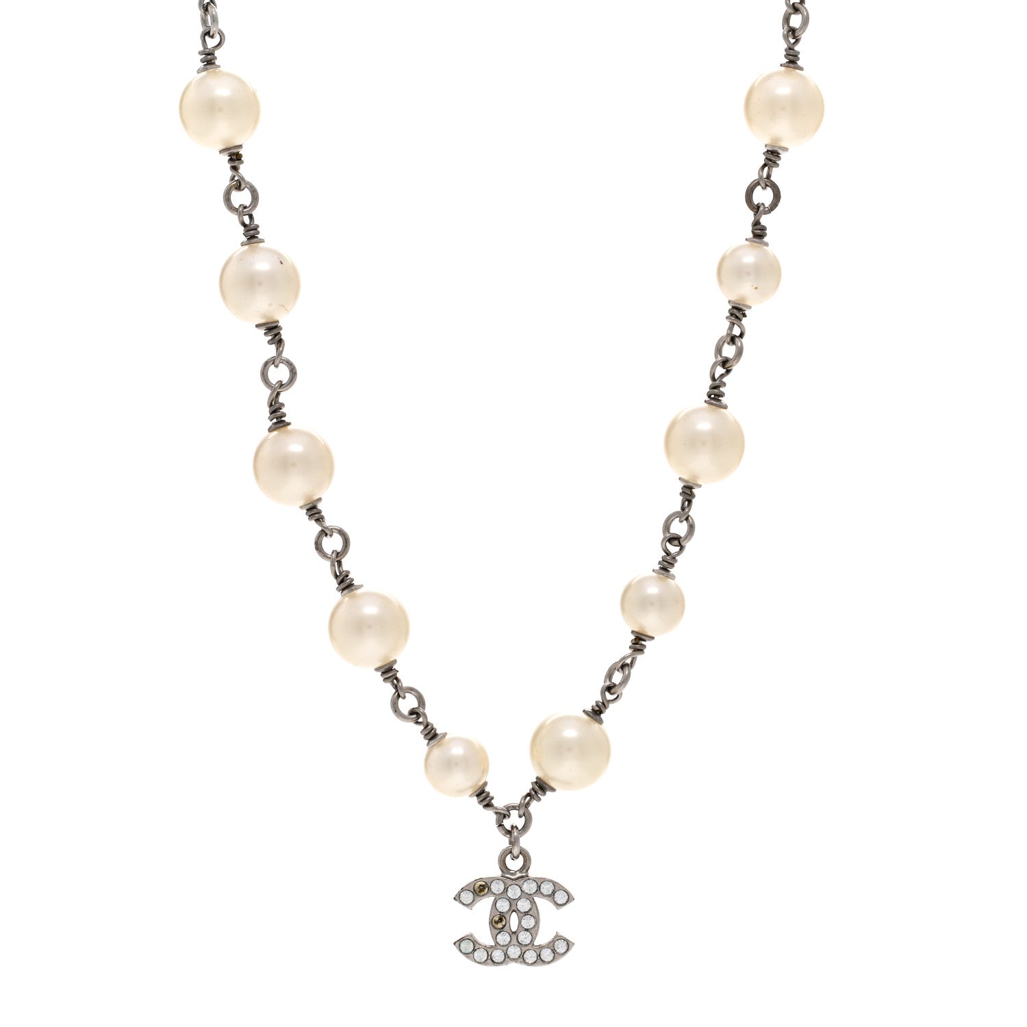 Chanel Pearl Crystal CC Pendant Short Necklace Silver White 1 of 5