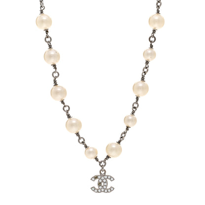 Chanel Pearl Crystal CC Pendant Short Necklace Silver White 1 of 5