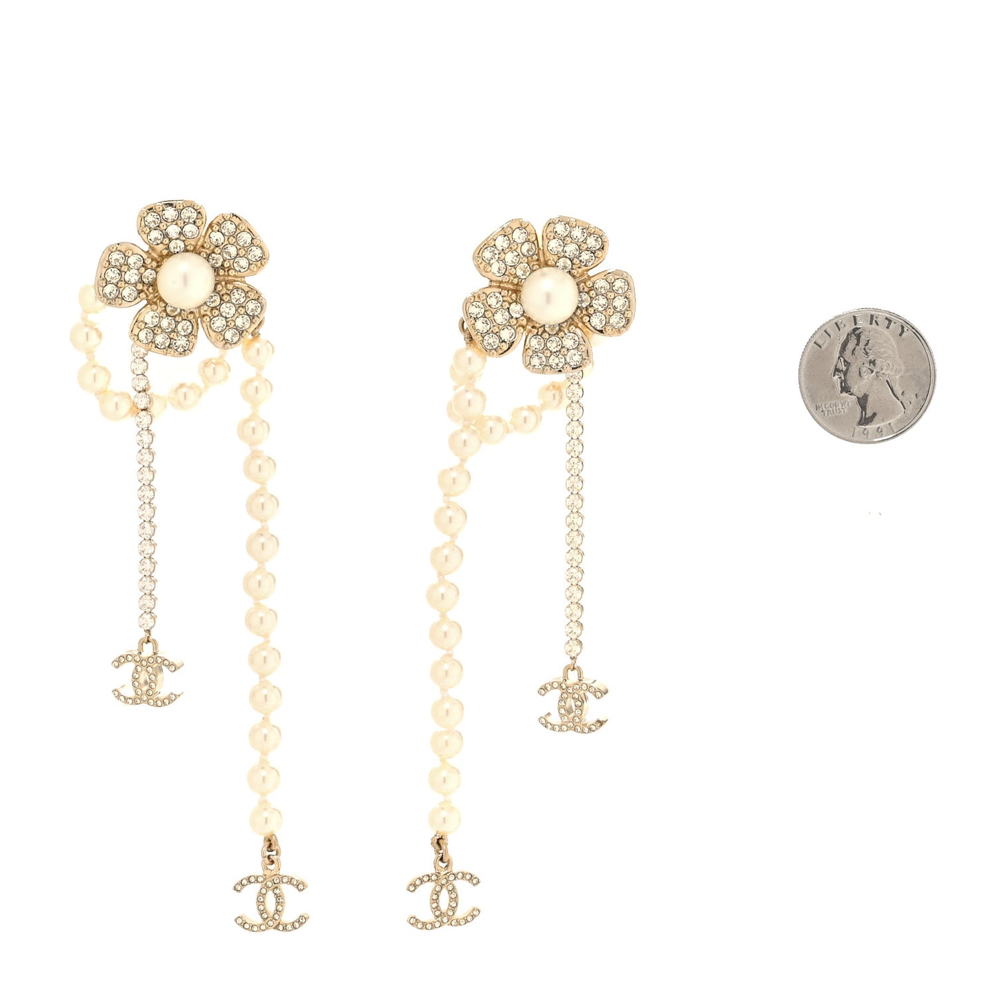 Pearl Crystal CC Camellia Clip On Earrings Gold