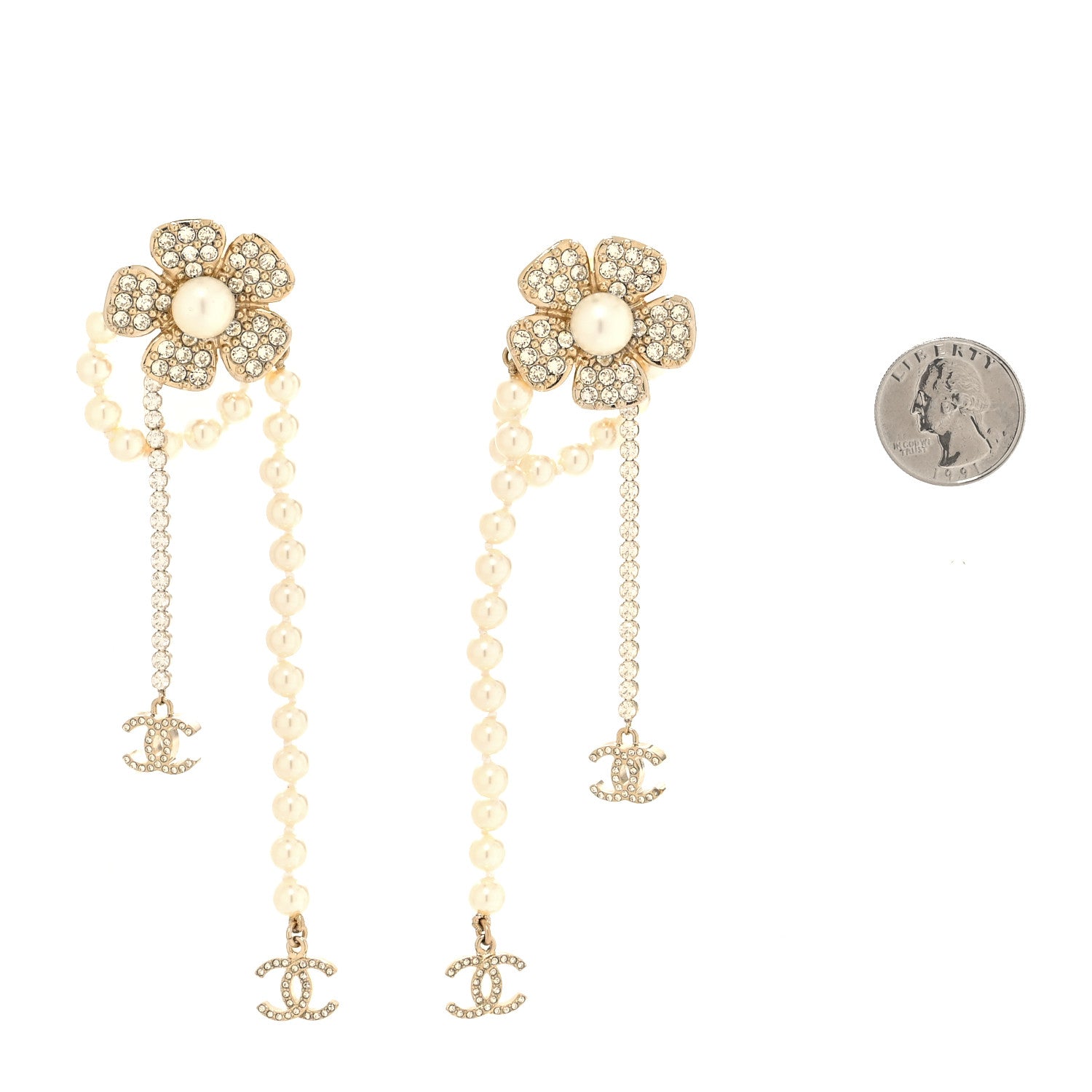 Chanel Pearl Crystal CC Camellia Clip On Earrings Gold 2 of 4