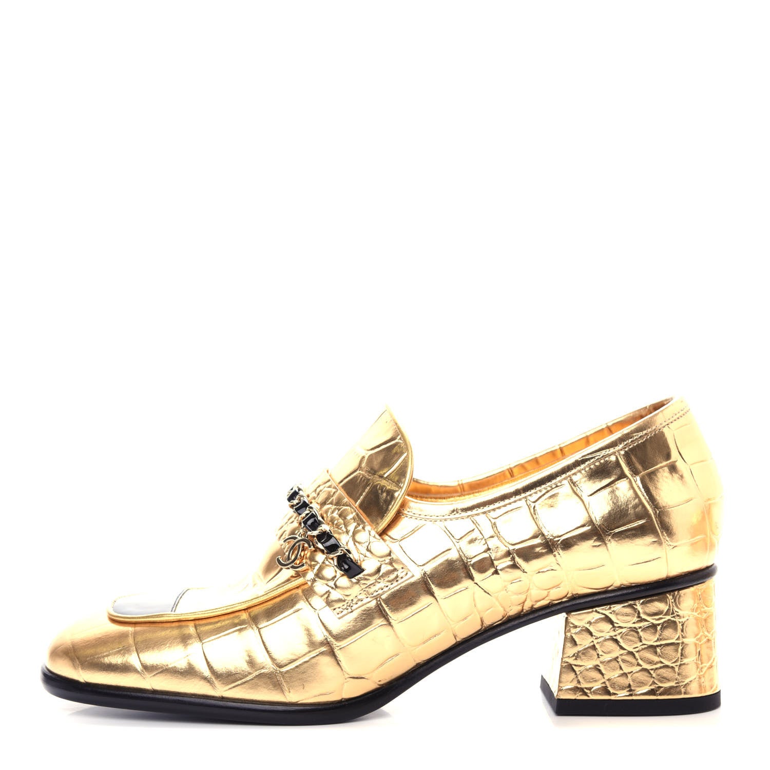 Chanel Metallic Crocodile Embossed Calfskin CC Chain Mocassin Loafers 38 Gold 1 of 11