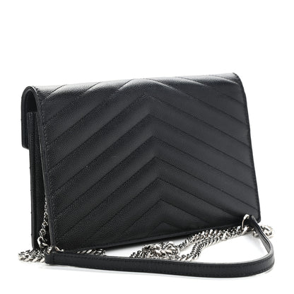 Saint Laurent Grain De Poudre Matelasse Chevron Monogram Envelope Chain Wallet Black 2 of 8